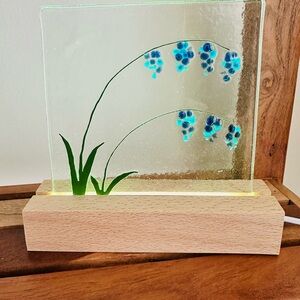 Glass Art Panel with Blue Floral Design
